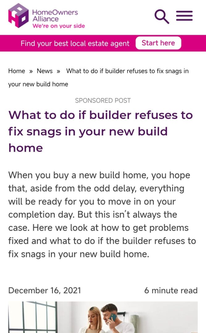 Home Owners Alliance Article – What to do if builder refuses to fix snags in your new build home Home Owners Alliance Article – What to do if builder refuses to fix snags in your new build home